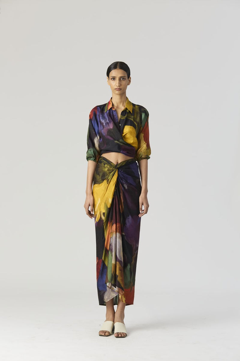 IVY TIE UP TOP AND SKIRT SET silk by Yam in black color for women in Singapore