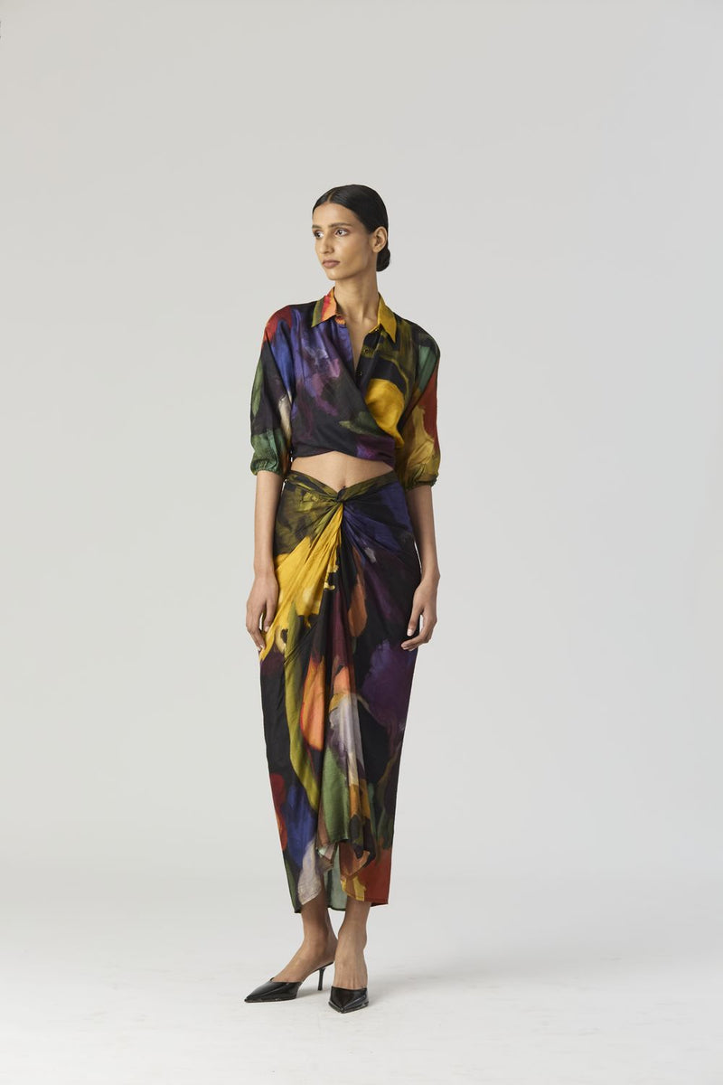 IVY TIE UP TOP AND SKIRT SET silk by Yam in black color for women in Singapore
