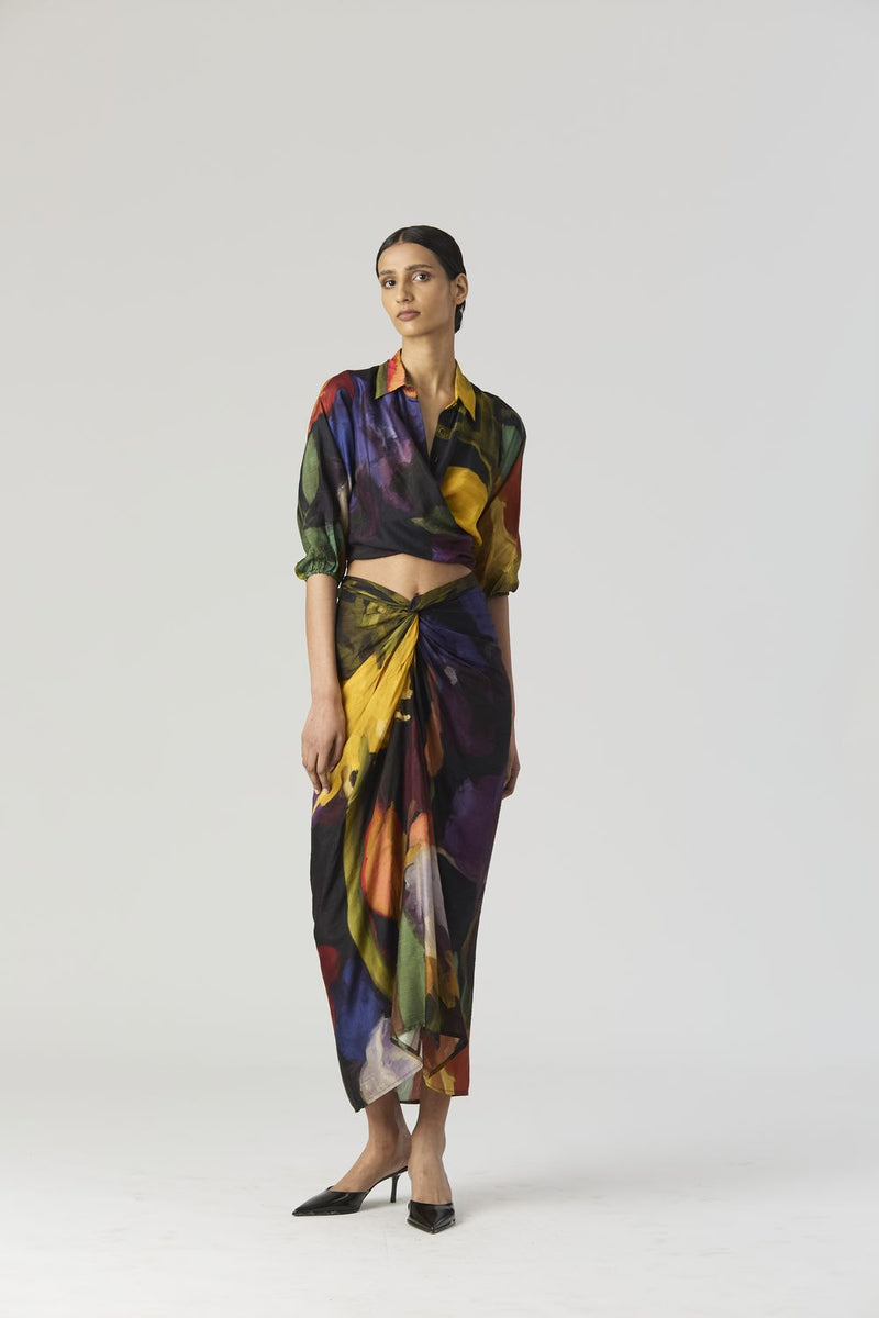 IVY TIE UP TOP AND SKIRT SET silk by Yam in black color for women in Singapore