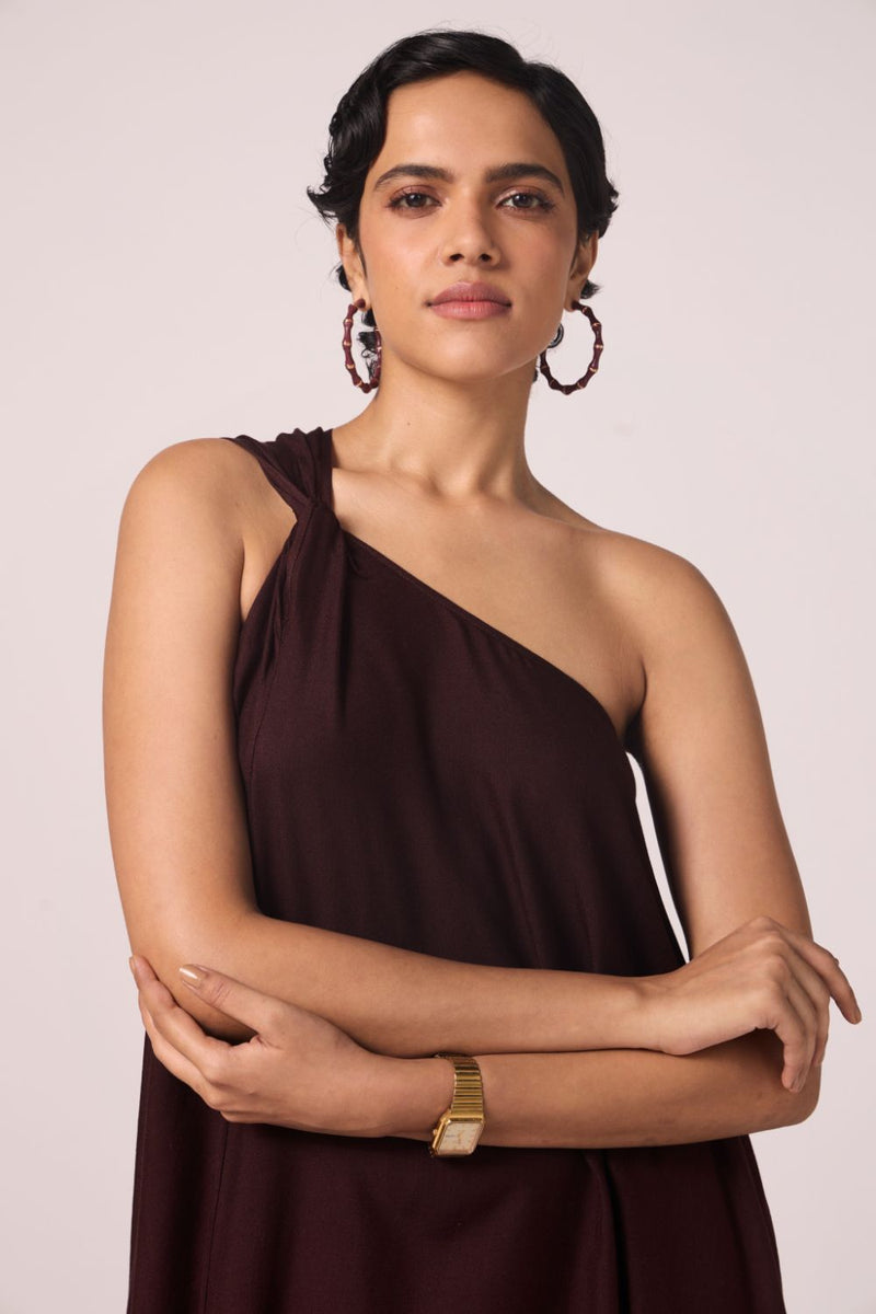Izar Wine Silk One Shoulder Dress silk by The Summer House for women in Singapore