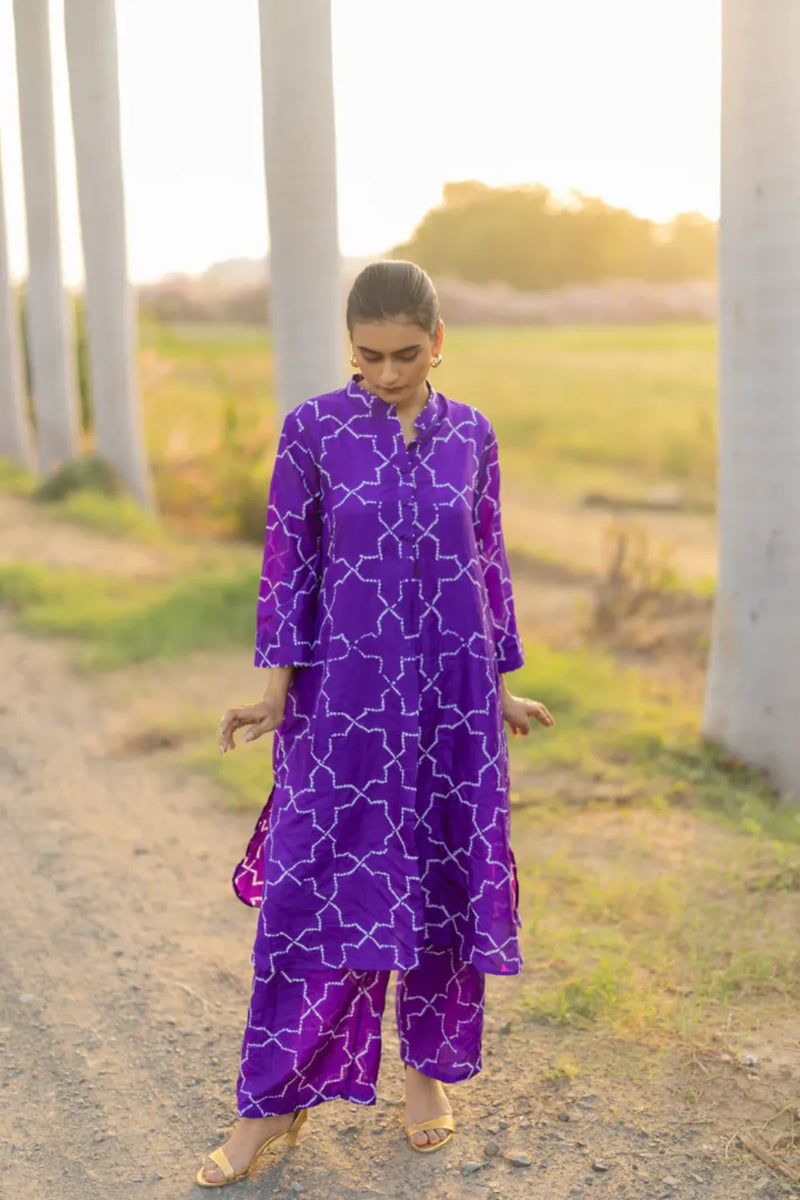 JAALI KURTA SET-PURPLE silk by Dyelogue in purple color for women in Singapore