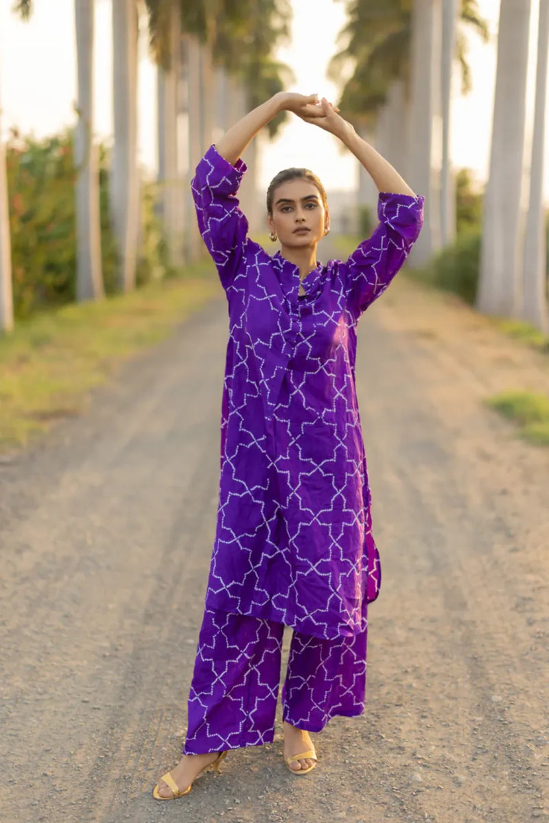 JAALI KURTA SET-PURPLE silk by Dyelogue in purple color for women in Singapore