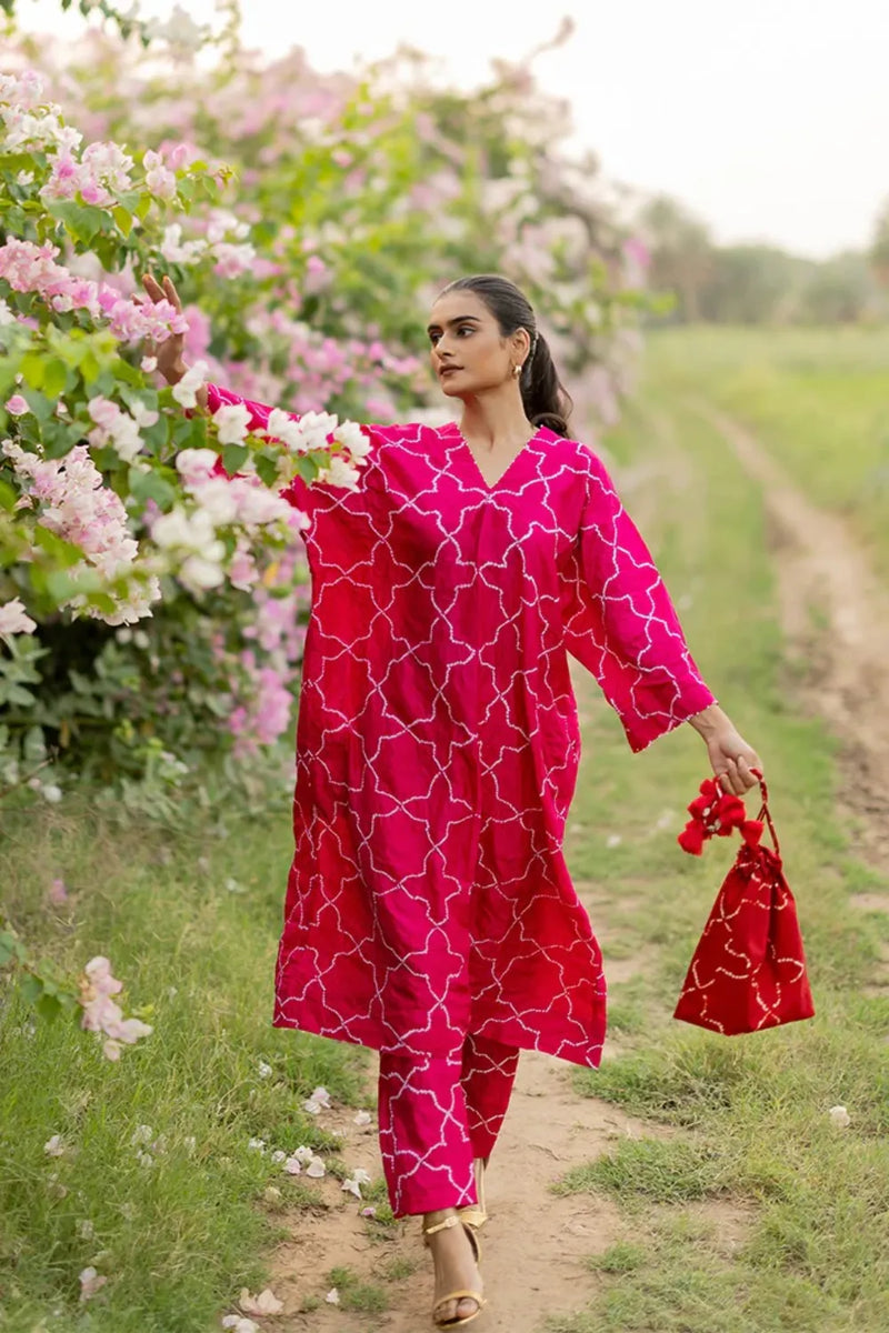 JAALI V2 KURTA SET-PINK silk by Dyelogue in pink color for women in Singapore