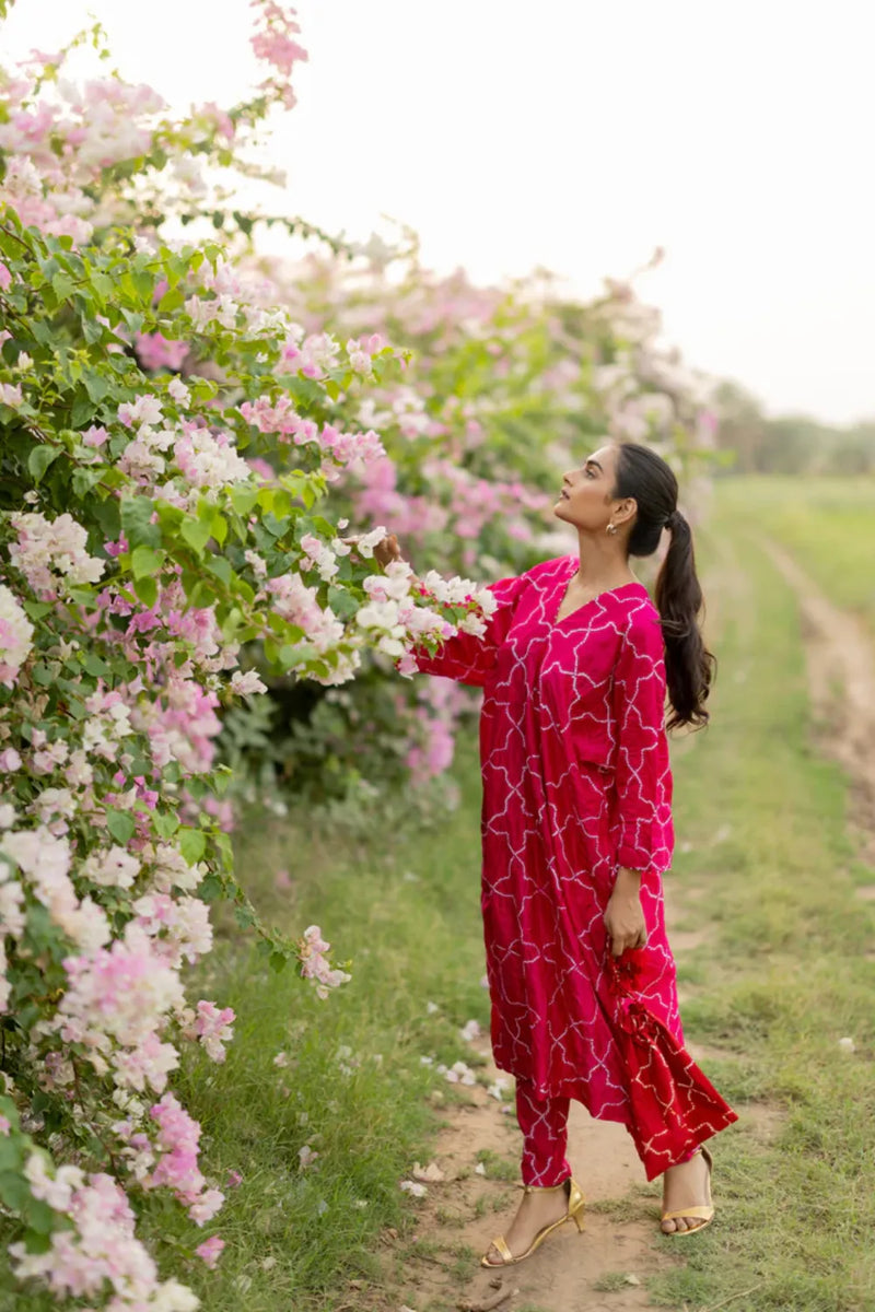 JAALI V2 KURTA SET-PINK silk by Dyelogue in pink color for women in Singapore