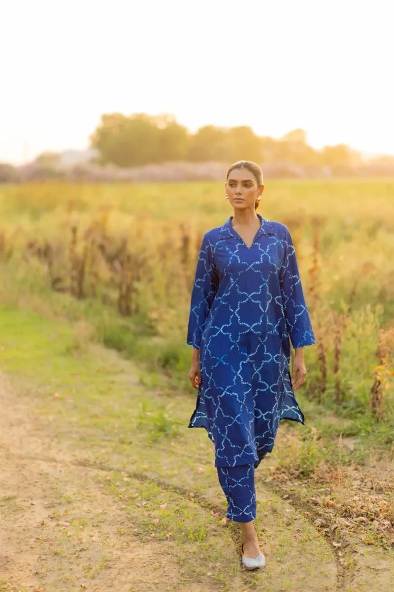 JAALI V KURTA SET-INDIGO silk by Dyelogue for women in Singapore