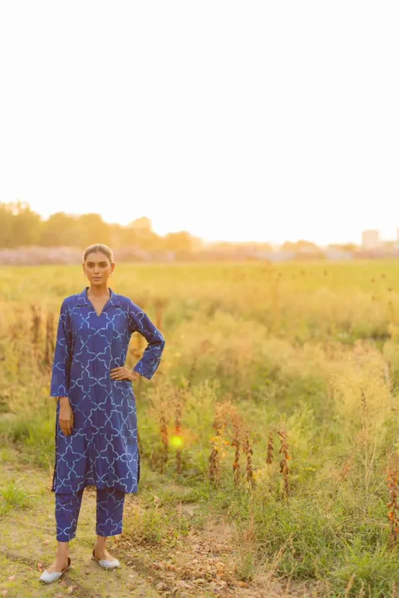 JAALI V KURTA SET-INDIGO silk by Dyelogue for women in Singapore