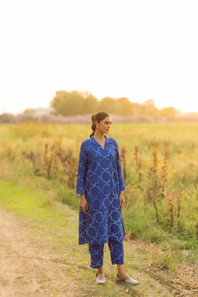 JAALI V KURTA SET-INDIGO silk by Dyelogue for women in Singapore