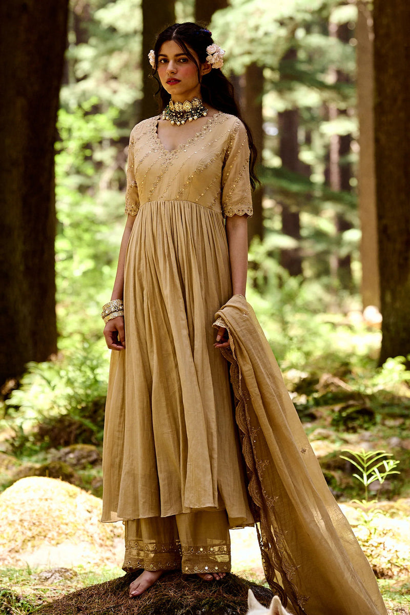 Jehan Anarkali Set – Beige cotton silk by Paulmi & Harsh-kahan Sep'26 in beige for women in Singapore