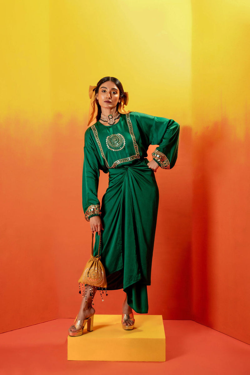 Vani Green Festive Tie up Kurta Dress
