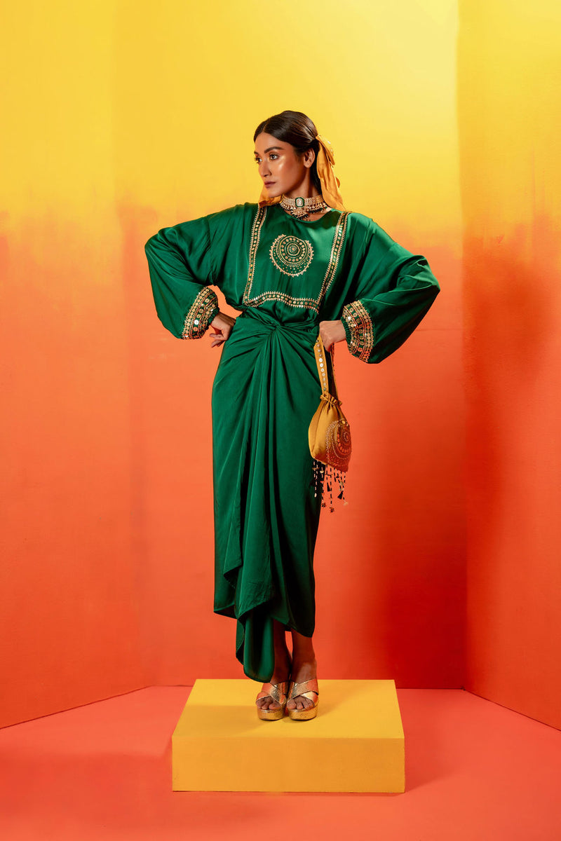 Vani Green Festive Tie up Kurta Dress