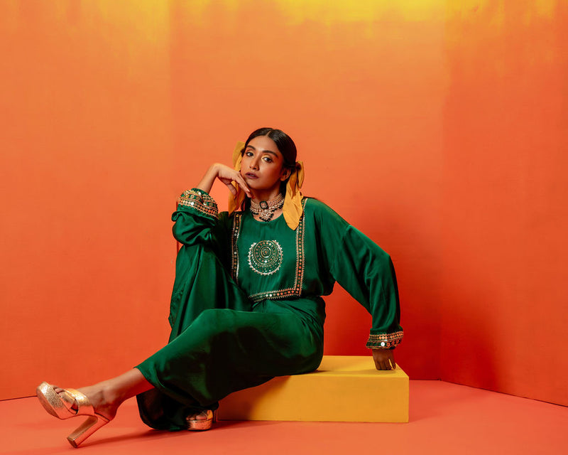 Vani Green Festive Tie up Kurta Dress