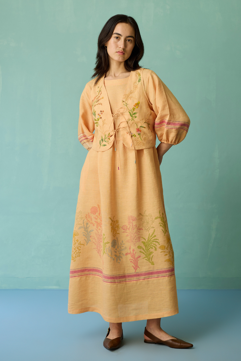 Eon Hand-Embroidered Floral Vest - Apricot linen jacket/overlay by Manan in apricot for women in Singapore