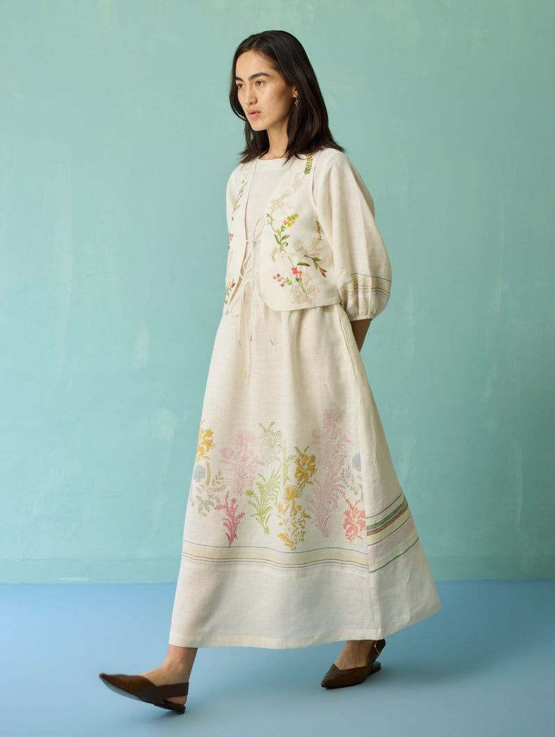 Eon Hand-Embroidered Floral Vest - Ivory linen jacket/overlay by Manan in ivory for women in Singapore