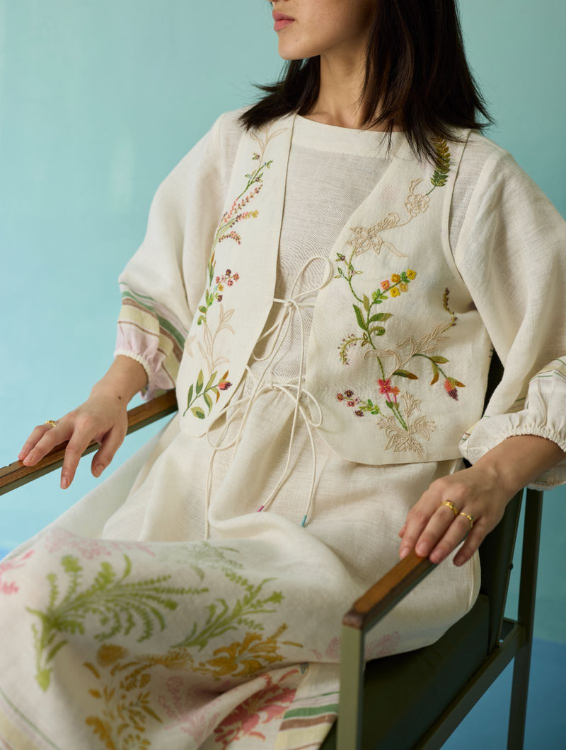 Eon Hand-Embroidered Floral Vest - Ivory linen jacket/overlay by Manan in ivory for women in Singapore