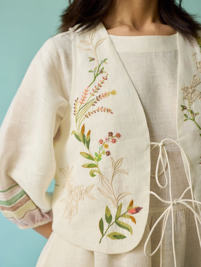 Eon Hand-Embroidered Floral Vest - Ivory linen jacket/overlay by Manan in ivory for women in Singapore
