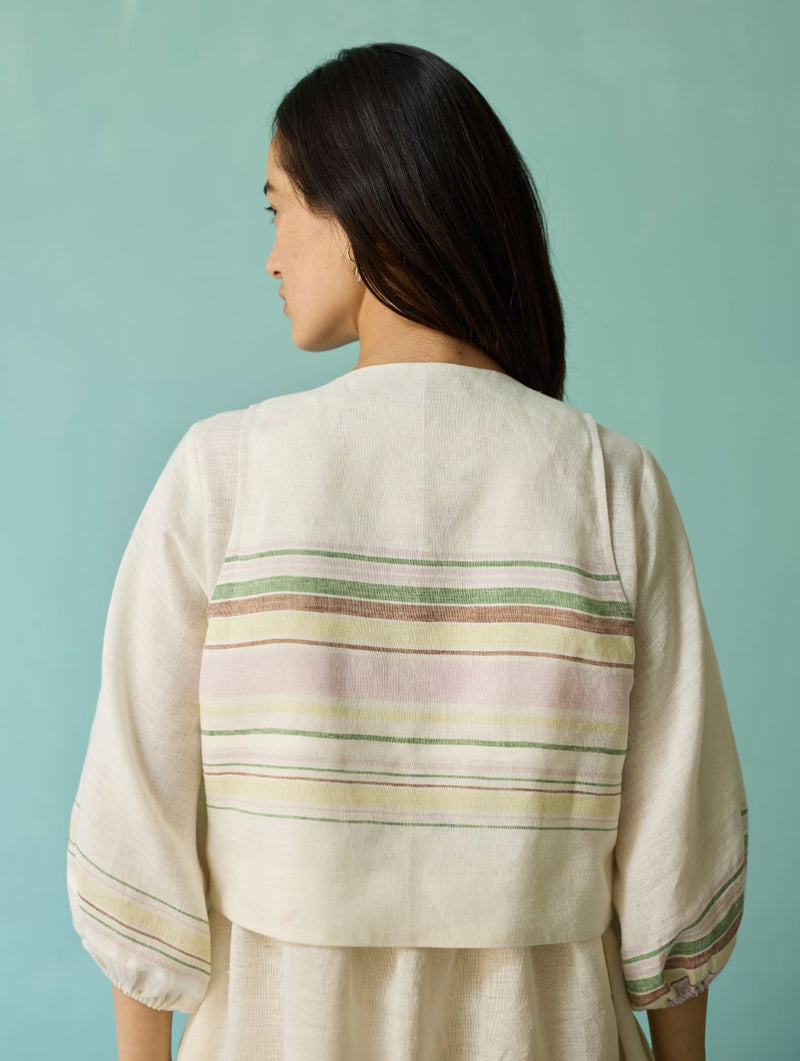 Eon Hand-Embroidered Floral Vest - Ivory linen jacket/overlay by Manan in ivory for women in Singapore