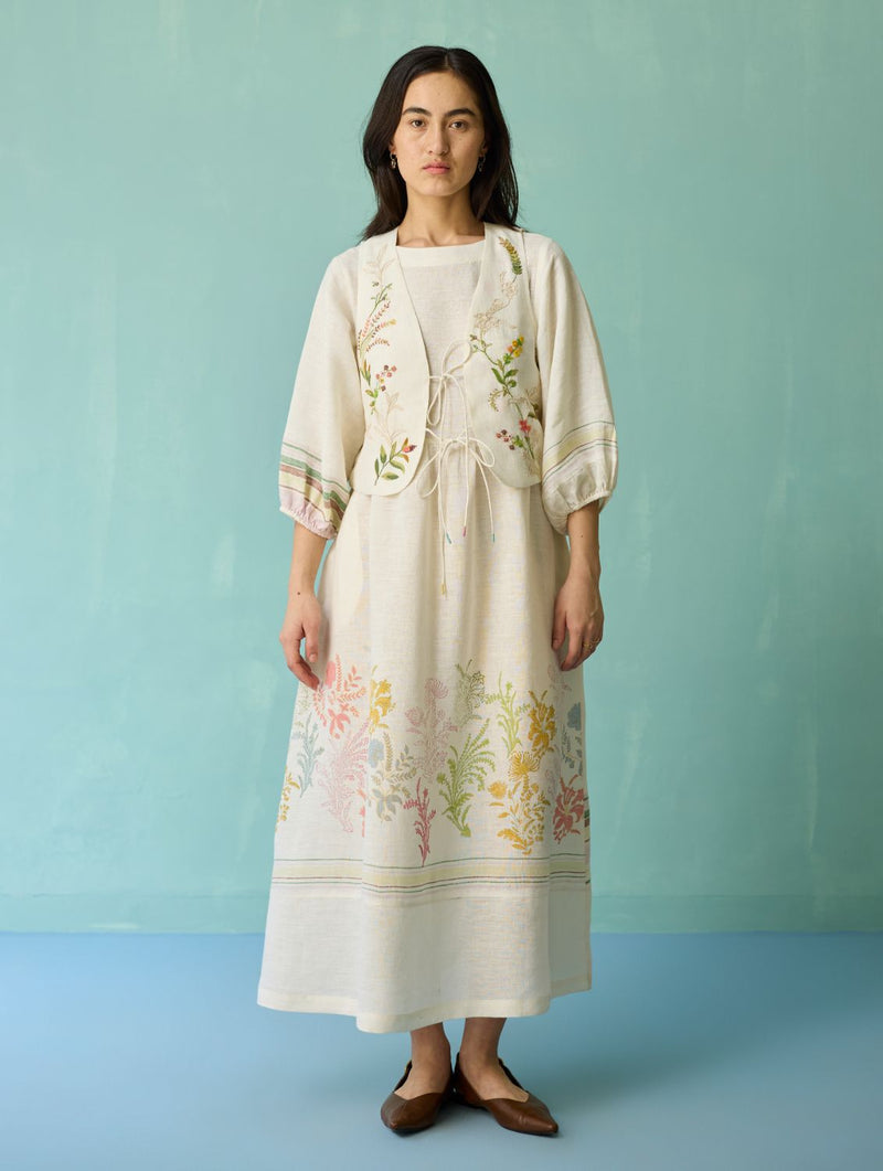 Eon Hand-Embroidered Floral Vest - Ivory linen jacket/overlay by Manan in ivory for women in Singapore