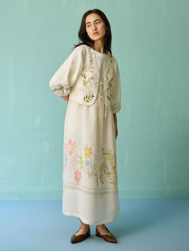 Eon Hand-Embroidered Floral Vest - Ivory linen jacket/overlay by Manan in ivory for women in Singapore
