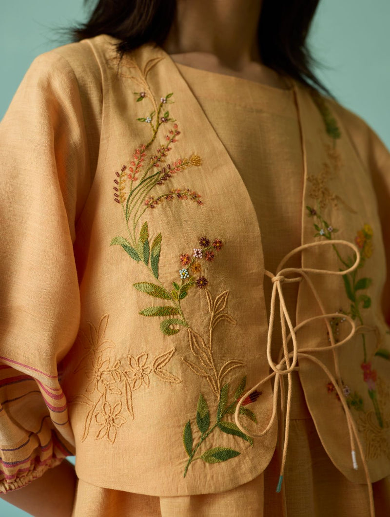 Eon Hand-Embroidered Floral Vest - Apricot linen jacket/overlay by Manan in apricot for women in Singapore