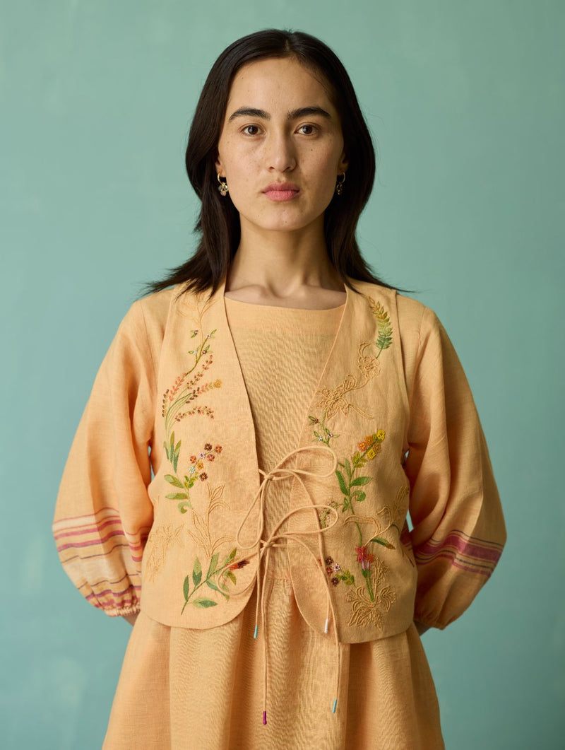 Eon Hand-Embroidered Floral Vest - Apricot linen jacket/overlay by Manan in apricot for women in Singapore