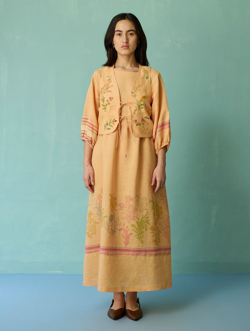 Eon Hand-Embroidered Floral Vest - Apricot linen jacket/overlay by Manan in apricot for women in Singapore