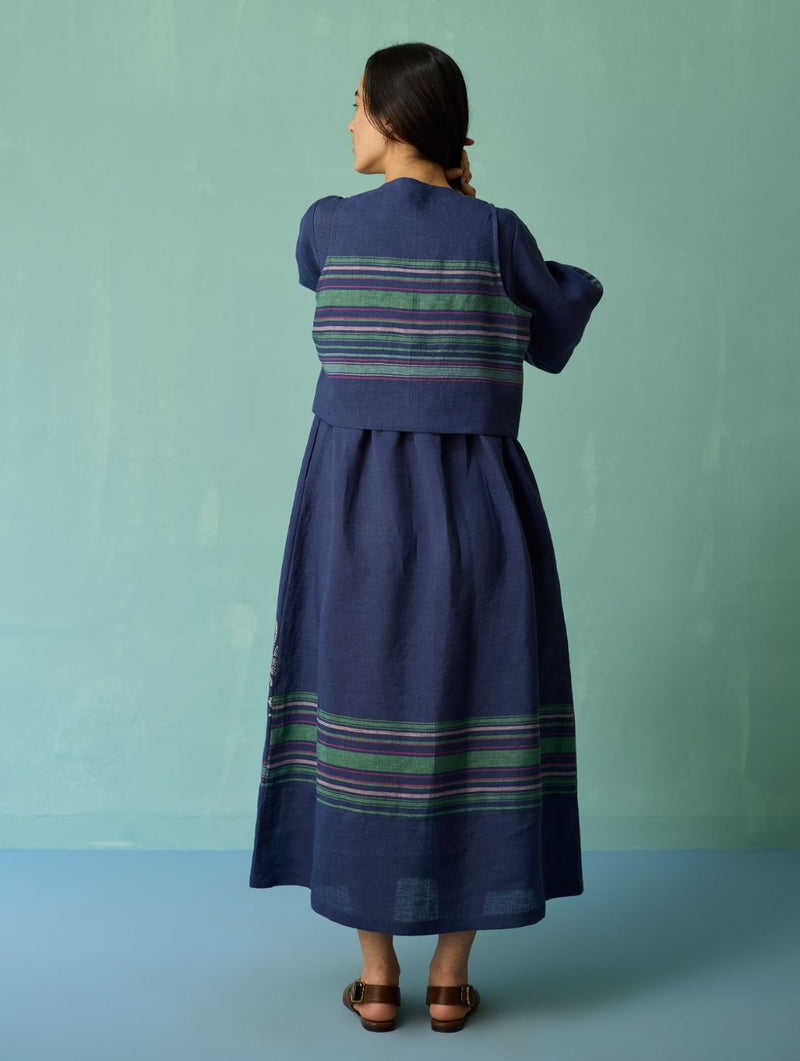 Eon Hand-Embroidered Floral Vest - Indigo linen jacket/overlay by Manan in navy for women in Singapore