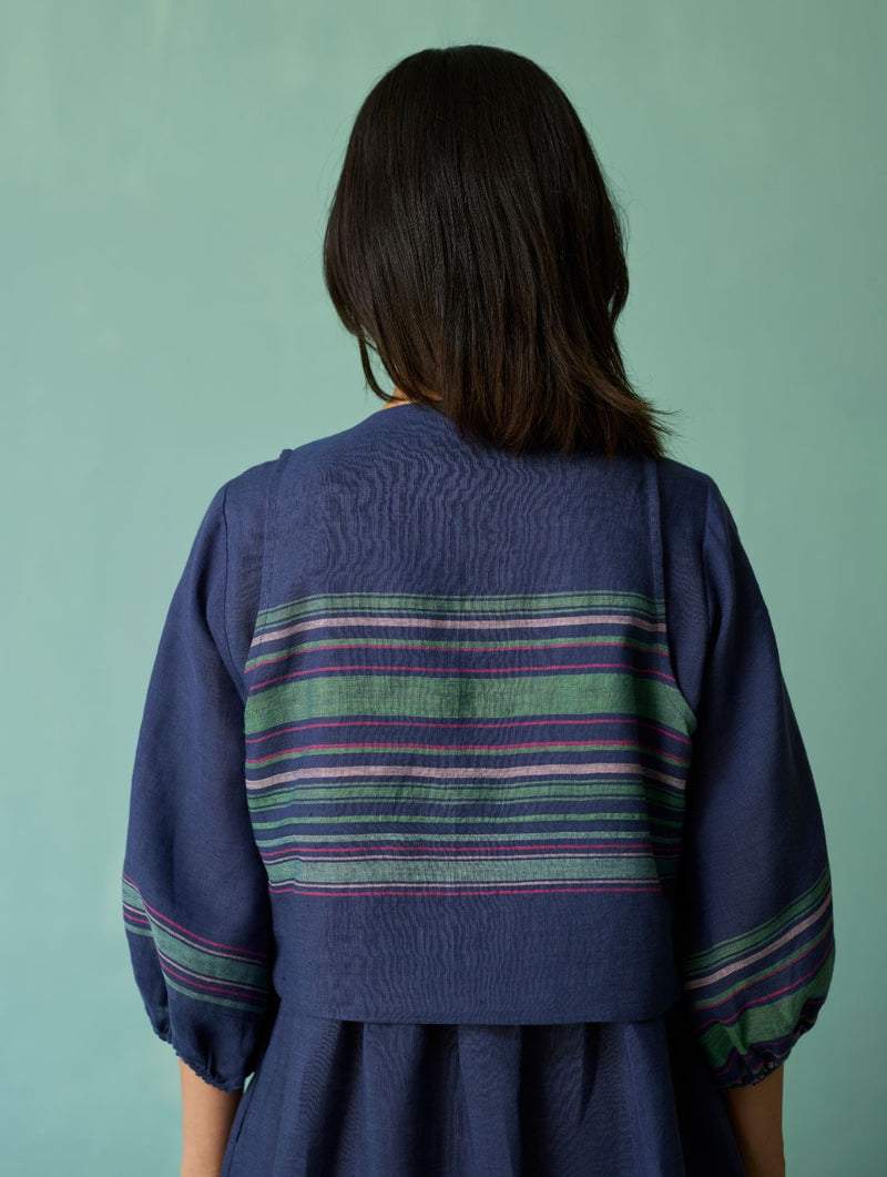 Eon Hand-Embroidered Floral Vest - Indigo linen jacket/overlay by Manan in navy for women in Singapore