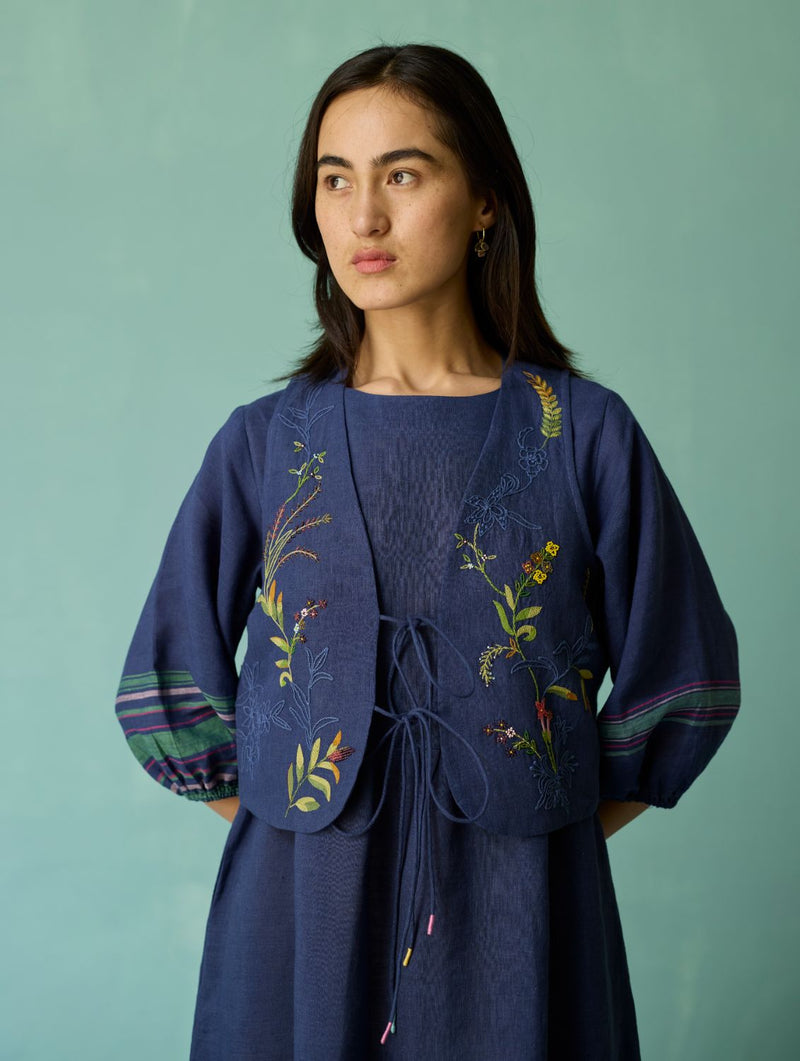 Eon Hand-Embroidered Floral Vest - Indigo linen jacket/overlay by Manan in navy for women in Singapore