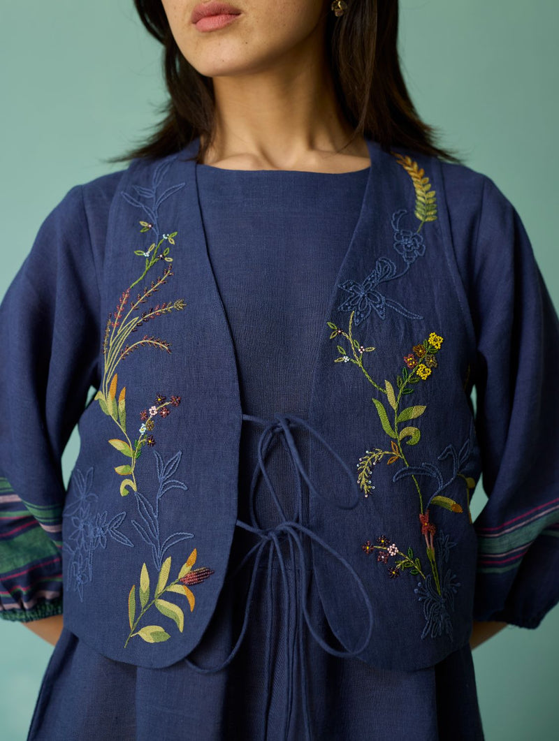Eon Hand-Embroidered Floral Vest - Indigo linen jacket/overlay by Manan in navy for women in Singapore