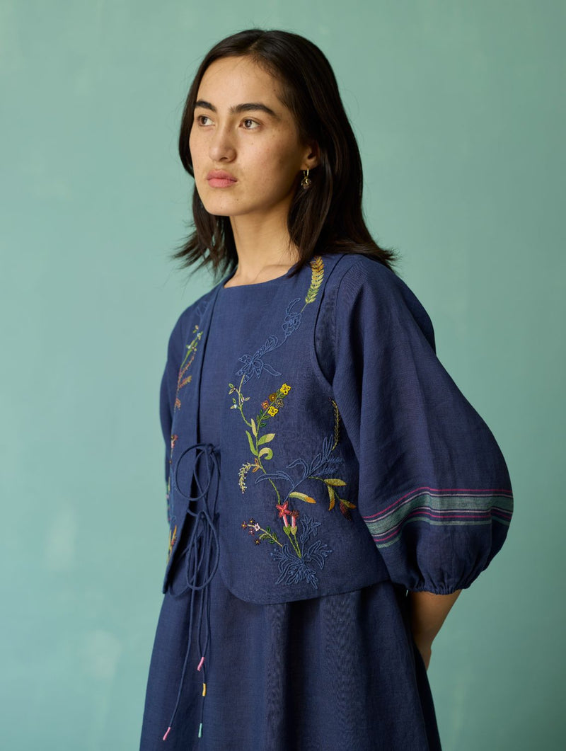 Eon Hand-Embroidered Floral Vest - Indigo linen jacket/overlay by Manan in navy for women in Singapore