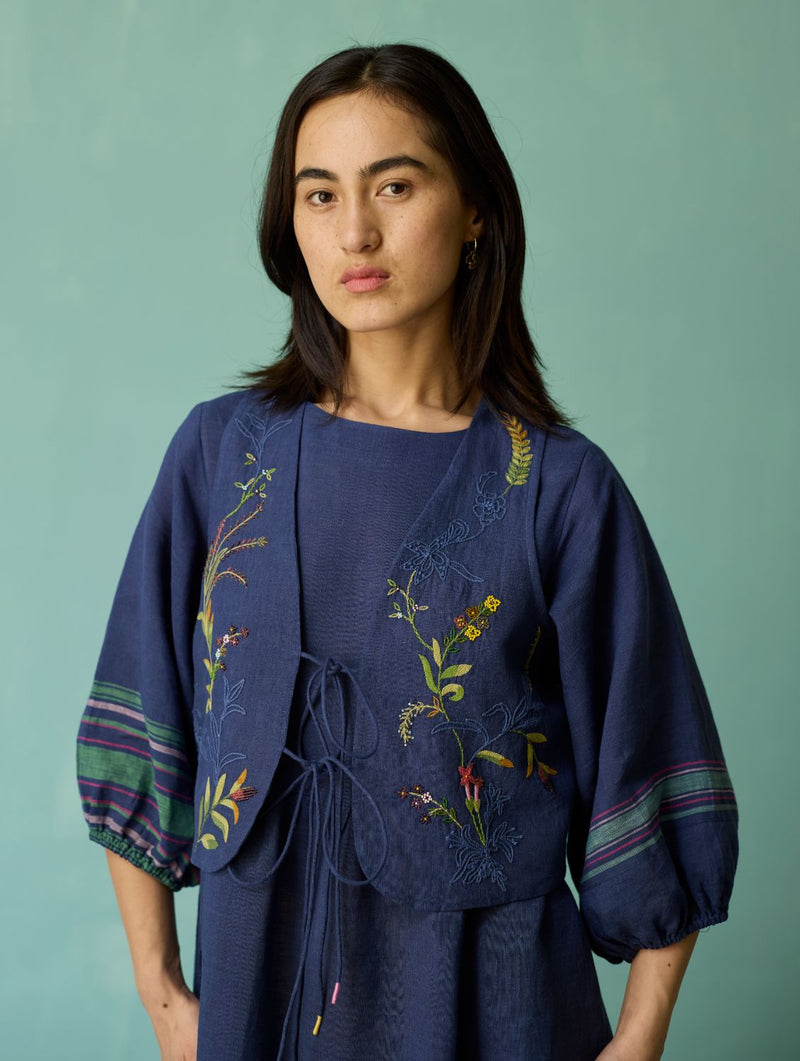 Eon Hand-Embroidered Floral Vest - Indigo linen jacket/overlay by Manan in navy for women in Singapore
