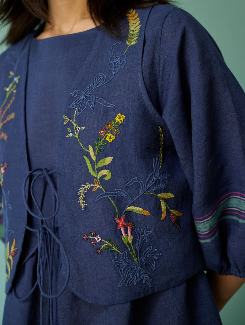 Eon Hand-Embroidered Floral Vest - Indigo linen jacket/overlay by Manan in navy for women in Singapore