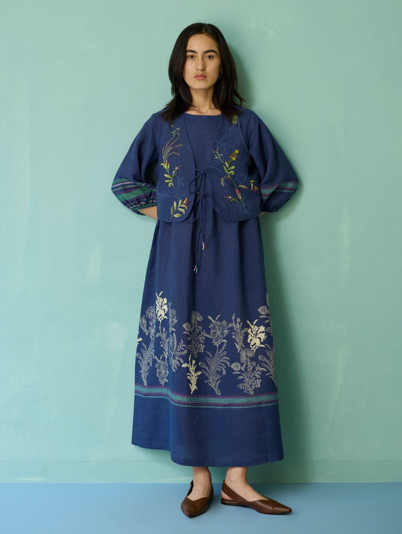 Eon Hand-Embroidered Floral Vest - Indigo linen jacket/overlay by Manan in navy for women in Singapore