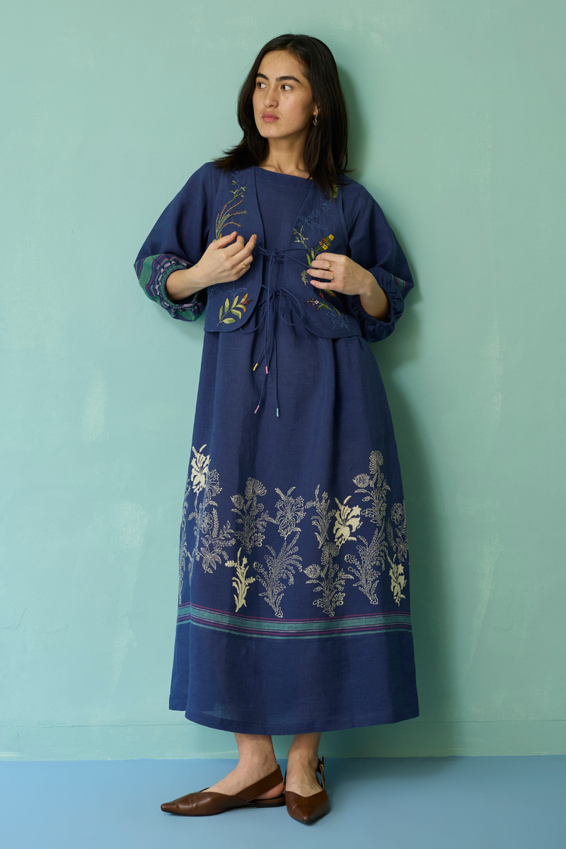 Eon Hand-Embroidered Floral Vest - Indigo linen jacket/overlay by Manan in navy for women in Singapore