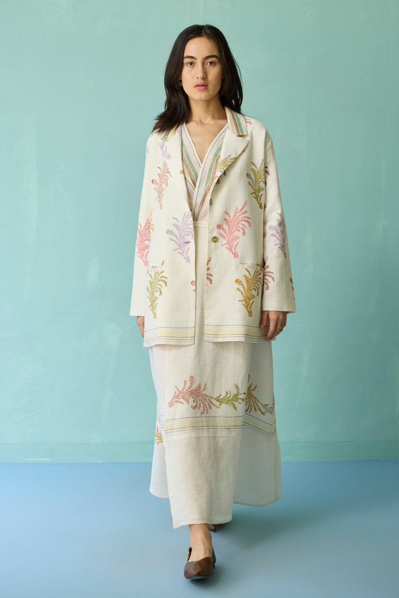 Arya Block Printed Floral Blazer - Ivory linen jacket/overlay by Manan in ivory for women in Singapore