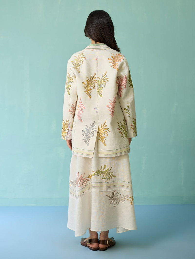 Arya Block Printed Floral Blazer - Ivory linen jacket/overlay by Manan in ivory for women in Singapore