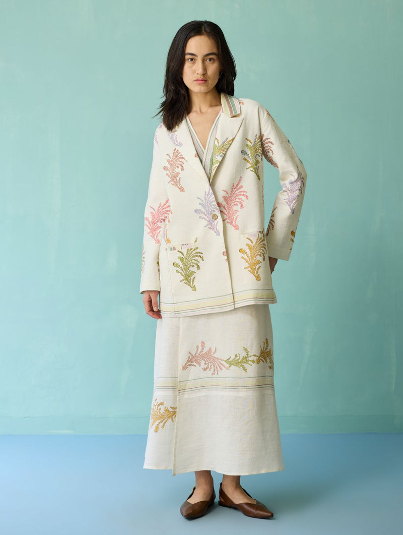 Arya Block Printed Floral Blazer - Ivory linen jacket/overlay by Manan in ivory for women in Singapore