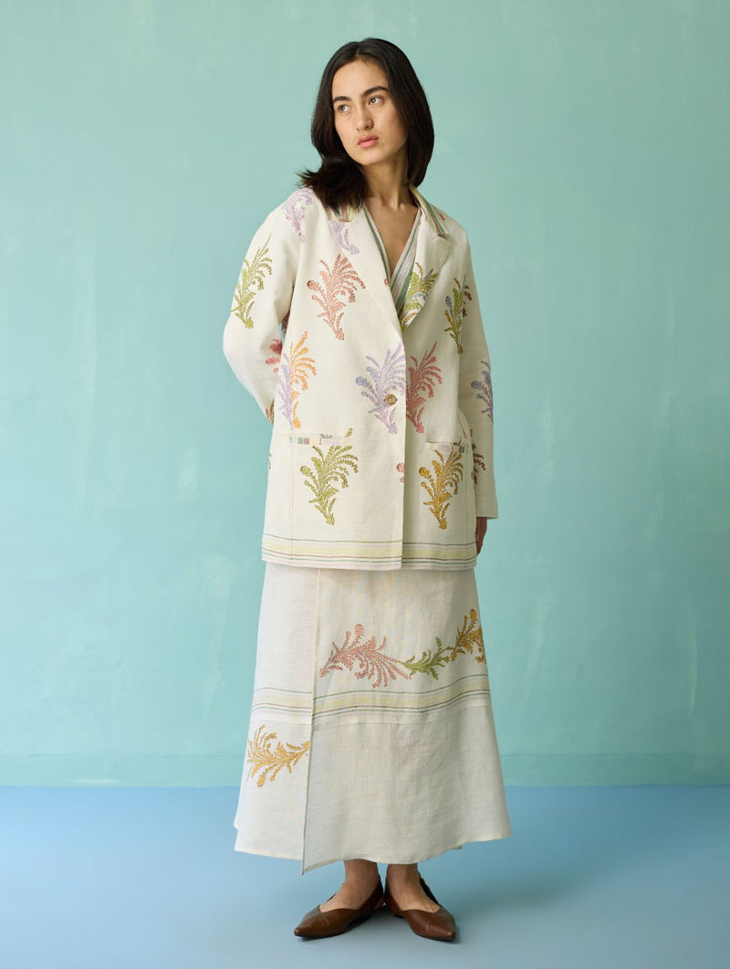 Arya Block Printed Floral Blazer - Ivory linen jacket/overlay by Manan in ivory for women in Singapore