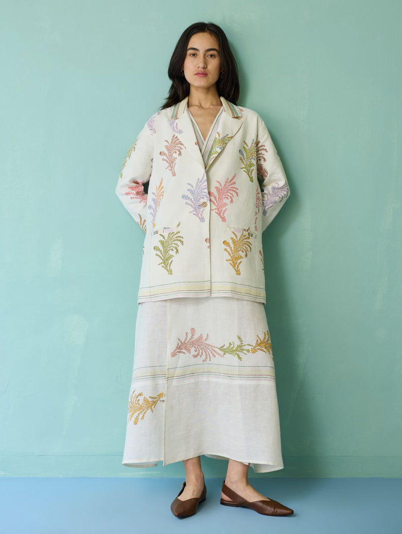 Arya Block Printed Floral Blazer - Ivory linen jacket/overlay by Manan in ivory for women in Singapore
