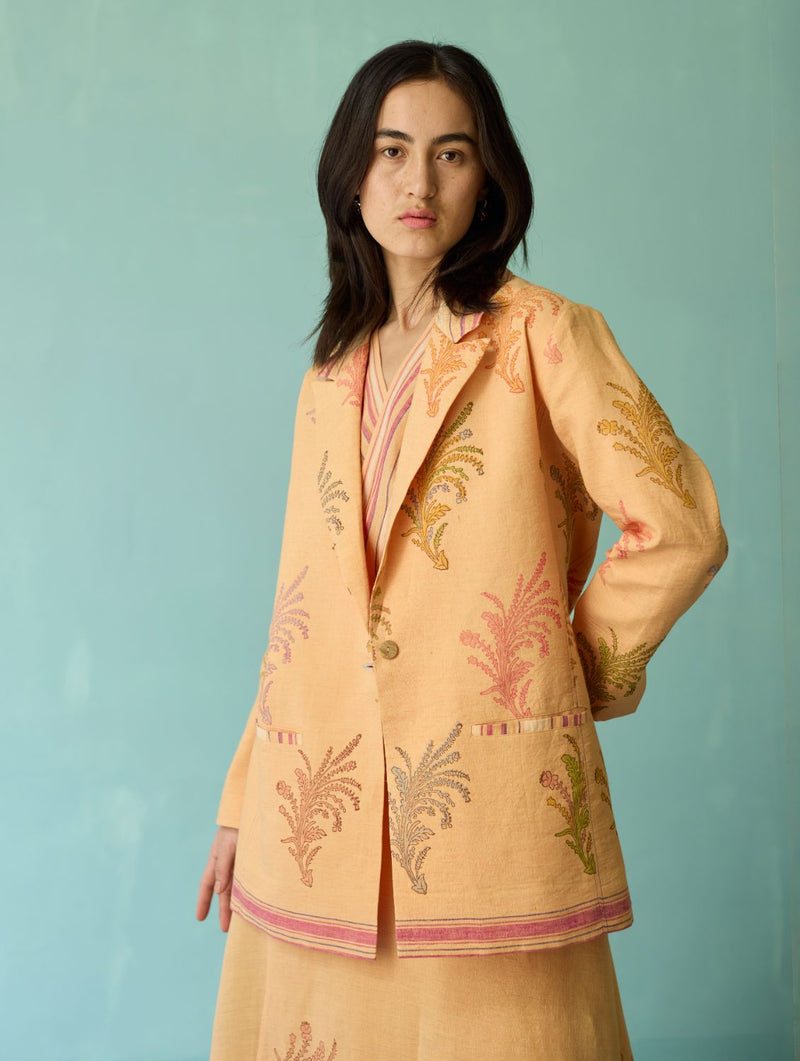 Arya Block Printed Floral Blazer - Apricot linen jacket/overlay by Manan in apricot for women in Singapore