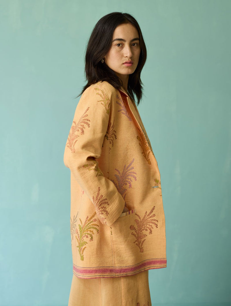 Arya Block Printed Floral Blazer - Apricot linen jacket/overlay by Manan in apricot for women in Singapore