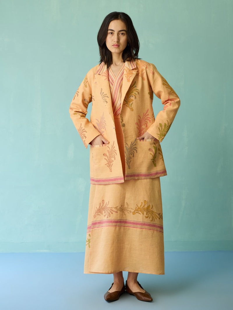 Arya Block Printed Floral Blazer - Apricot linen jacket/overlay by Manan in apricot for women in Singapore