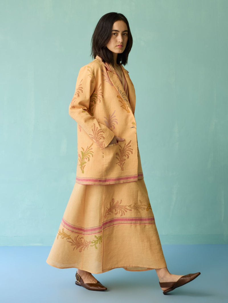 Arya Block Printed Floral Blazer - Apricot linen jacket/overlay by Manan in apricot for women in Singapore