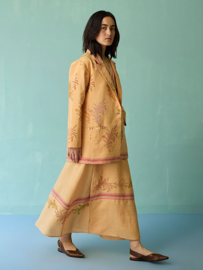 Arya Block Printed Floral Blazer - Apricot linen jacket/overlay by Manan in apricot for women in Singapore