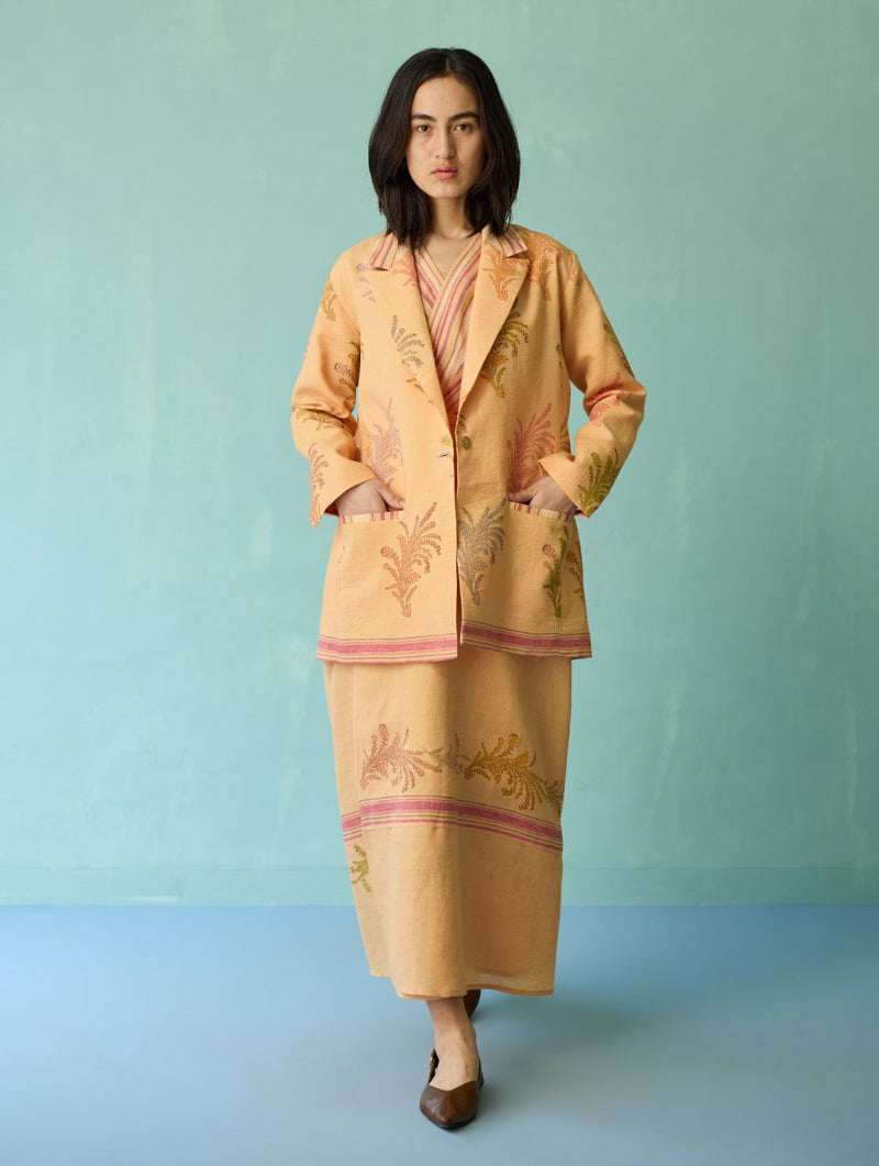 Arya Block Printed Floral Blazer - Apricot linen jacket/overlay by Manan in apricot for women in Singapore