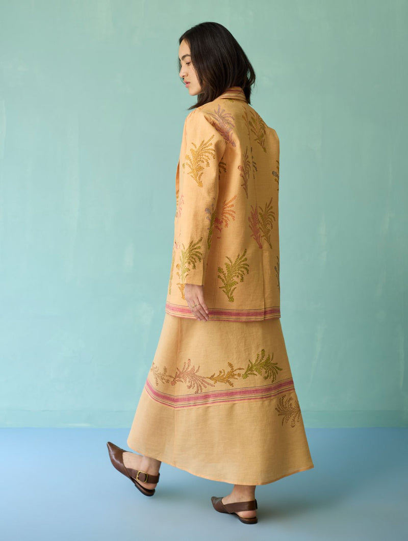 Arya Block Printed Floral Blazer - Apricot linen jacket/overlay by Manan in apricot for women in Singapore