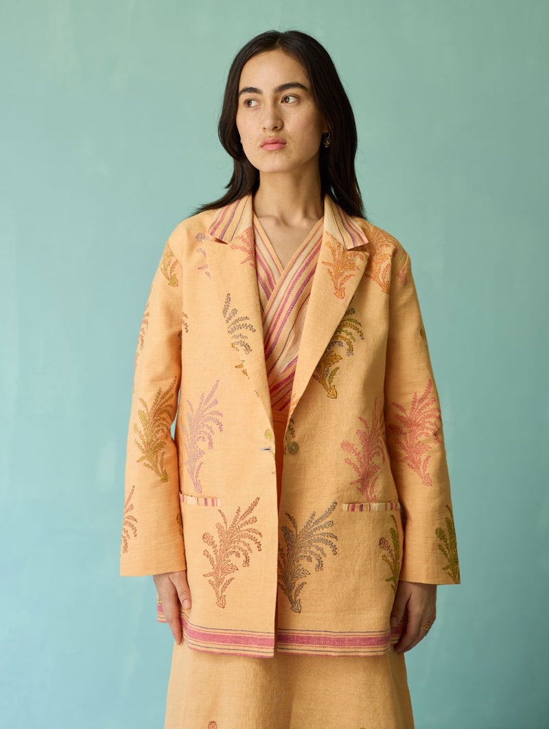 Arya Block Printed Floral Blazer - Apricot linen jacket/overlay by Manan in apricot for women in Singapore