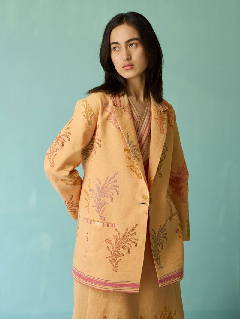 Arya Block Printed Floral Blazer - Apricot linen jacket/overlay by Manan in apricot for women in Singapore