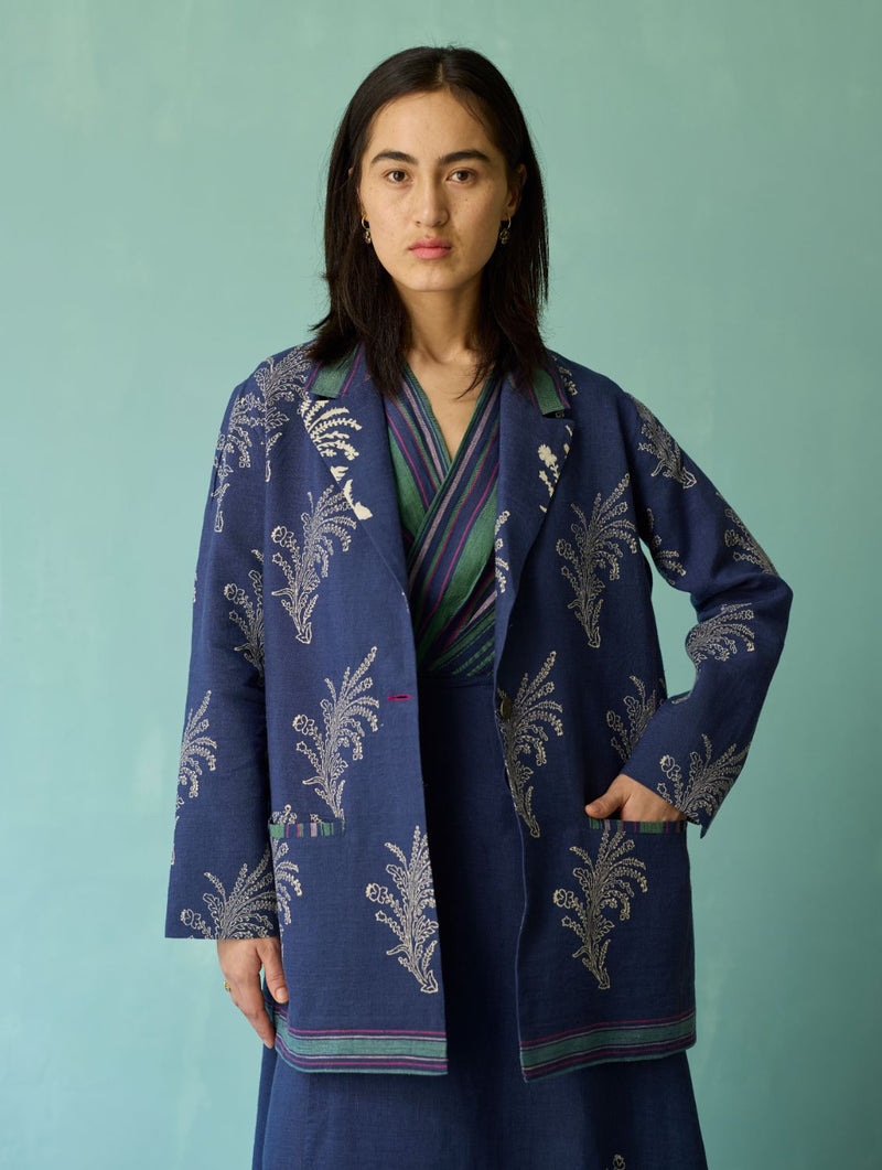 Arya Block Printed Floral Blazer - Indigo linen jacket/overlay by Manan in navy for women in Singapore