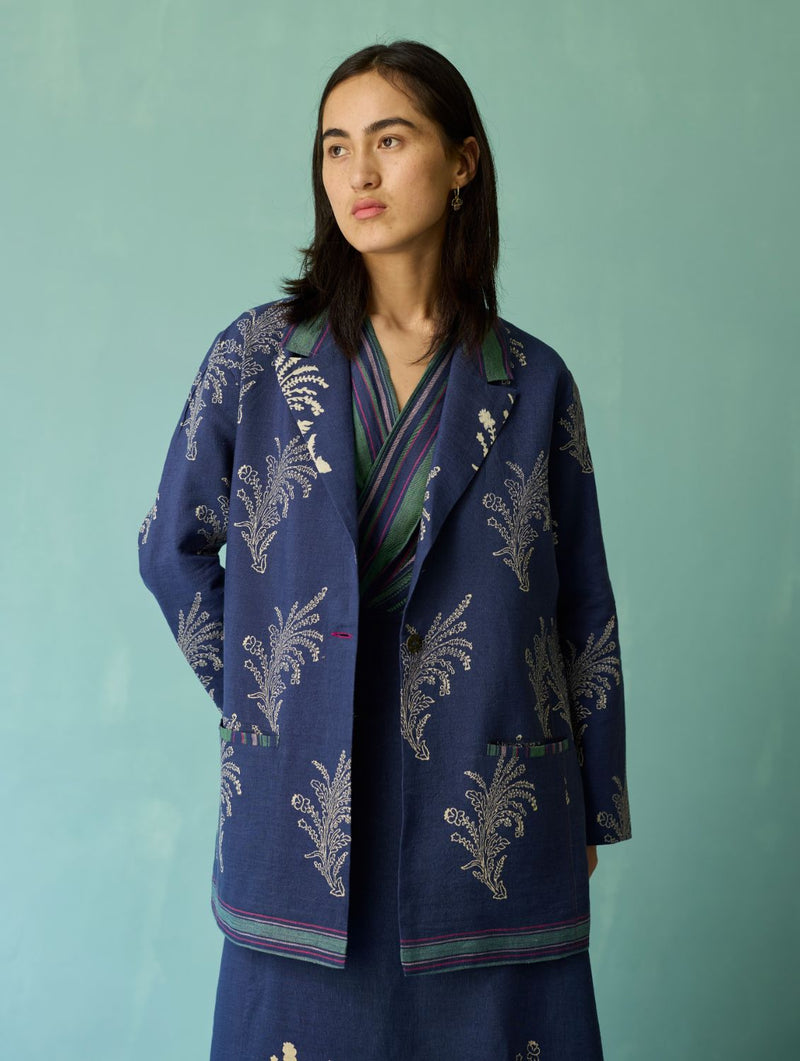 Arya Block Printed Floral Blazer - Indigo linen jacket/overlay by Manan in navy for women in Singapore